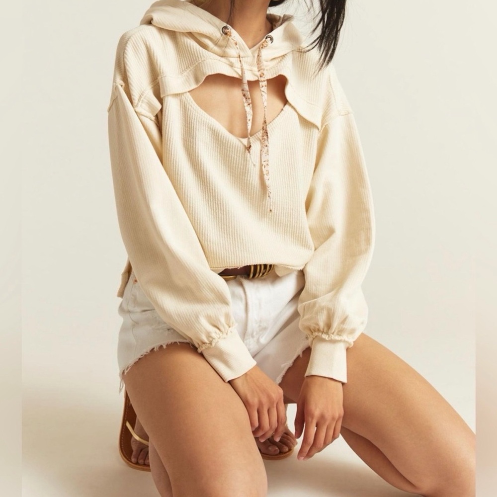 Anthropologie Pilcro Ivory Ribbed Cut Out Hoodie Top size XS EUC - Picture 2 of 8